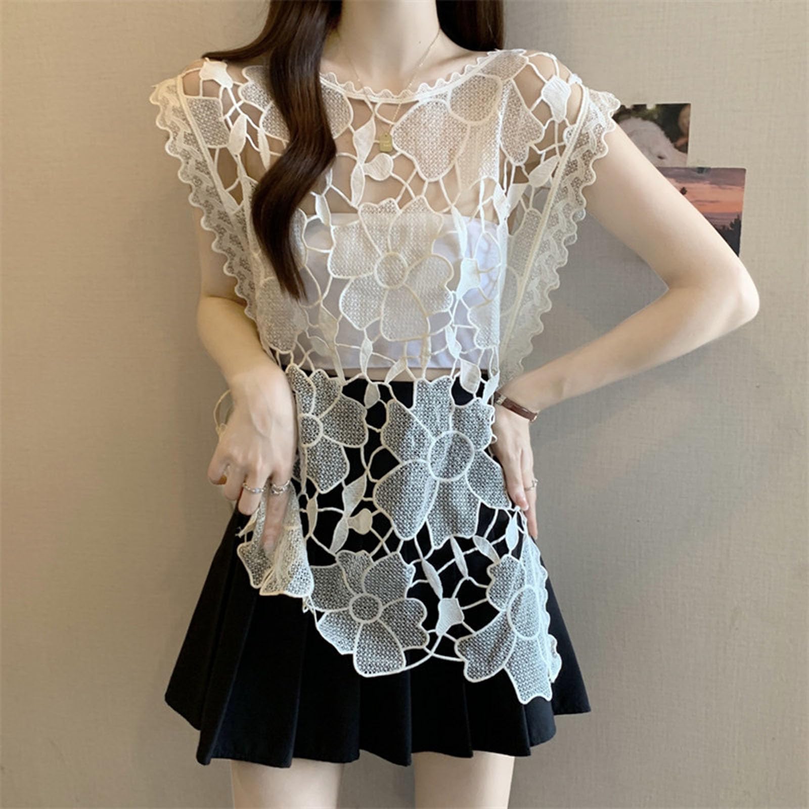 Canottiera Svuotata da Donna Sexy Trasparente Senza Maniche con Ricamo Floreale Top Estivo Boho Pullover