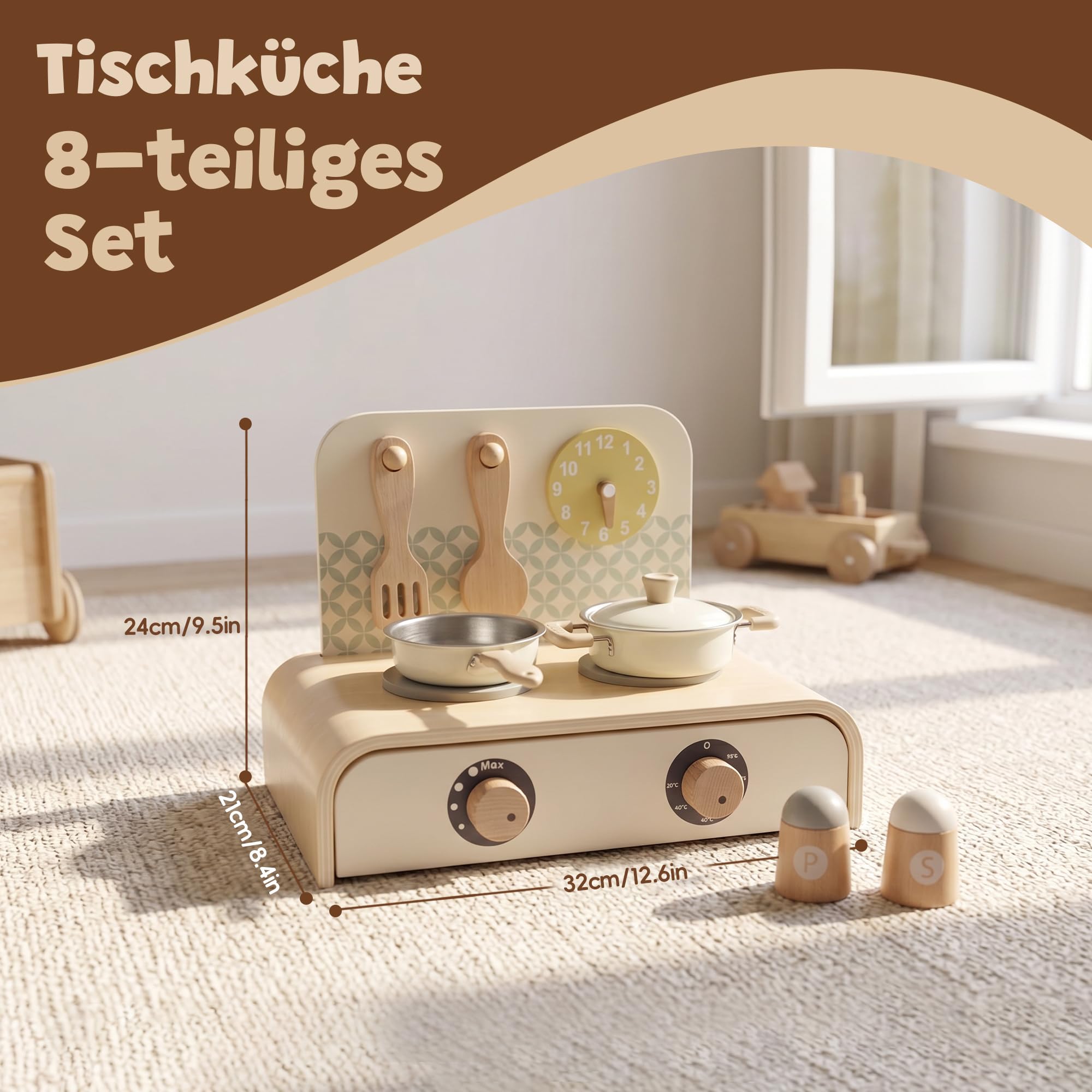 Kinderküche Zubehör Holz, Mini Spielküche Spielset mit Topf, Pfanne, Drehbare Knöpfe mit Klickgeräusch, Montessori Spielzeug ab 3 Jahren