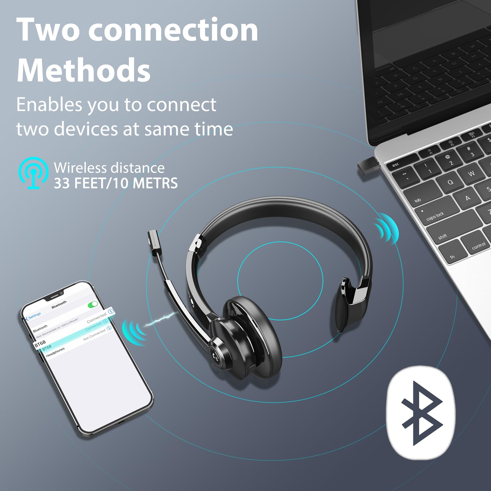 Earbay Auriculares inalámbricos, auriculares Bluetooth con dongle USB y base de carga, auriculares inalámbricos con cancelación de ruido de micrófono, auriculares de PC con botón de silencio para