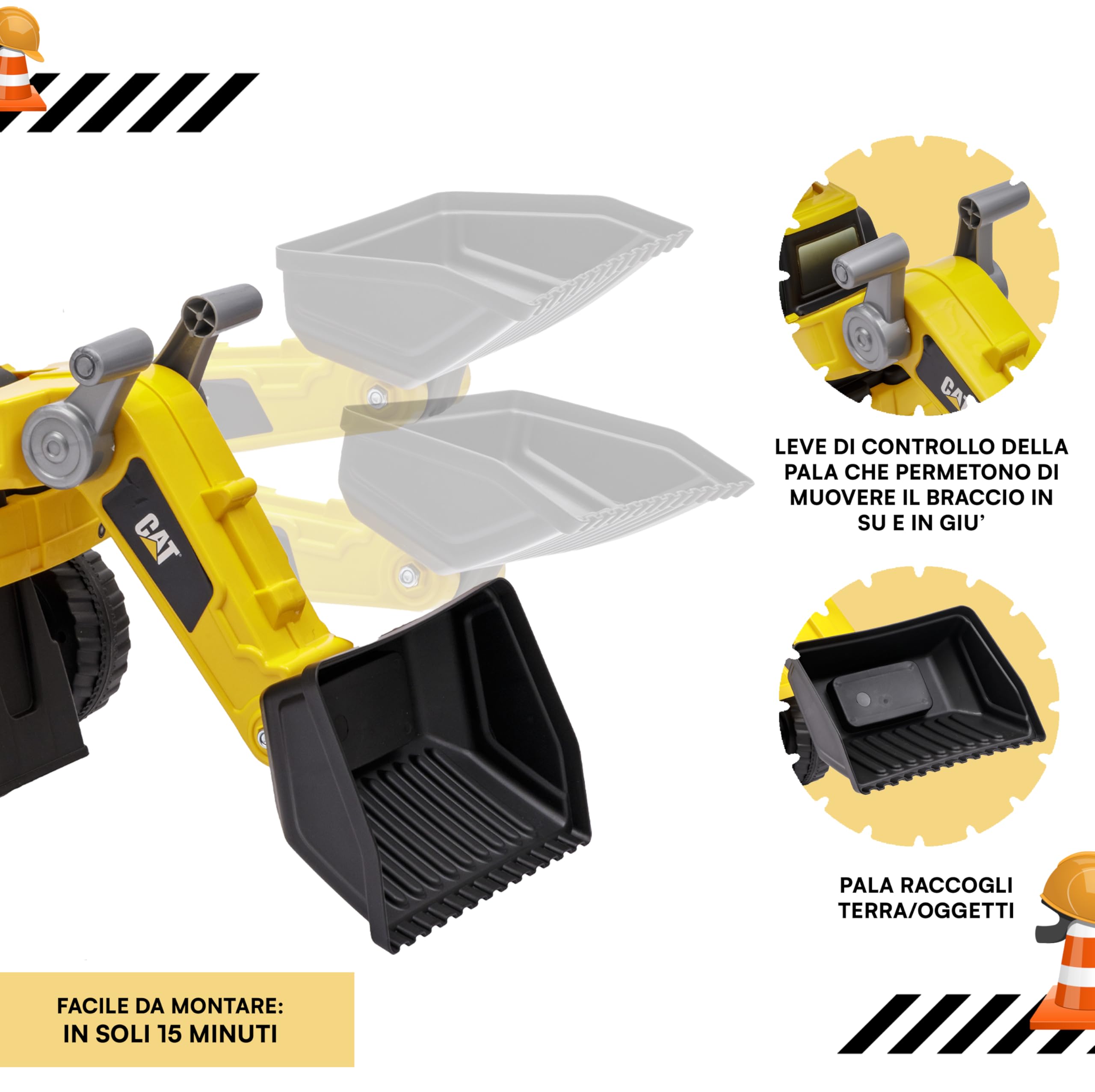 Baroni Toys Ruspa/Escavatore Cavalcabile per Bambini 1-3 Anni, con Licenza CATERPILLAR, Clacson Sonoro, Pala Mobile e Vano Portaoggetti, Dispositivo Antiribaltamento, 28x85x48cm