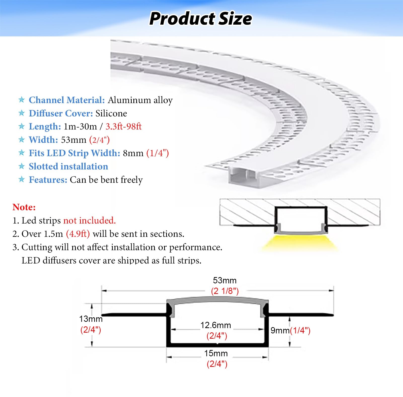 Profili per Strisce LED Profilo Diffusore a LED per Illuminazione Indiretta a Soffitto, Profilo in Alluminio Flessibile per Strisce LED, Canale Diffusore a LED da Incasso(87ft(26.5m))