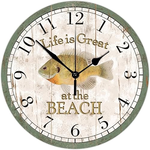Country Wall Clock Rustic Wood Grain and Fish Life is Great at The Beach Country Wood Clock Non-Ticking Quiet Battery Operated Stylish Desk Clock
