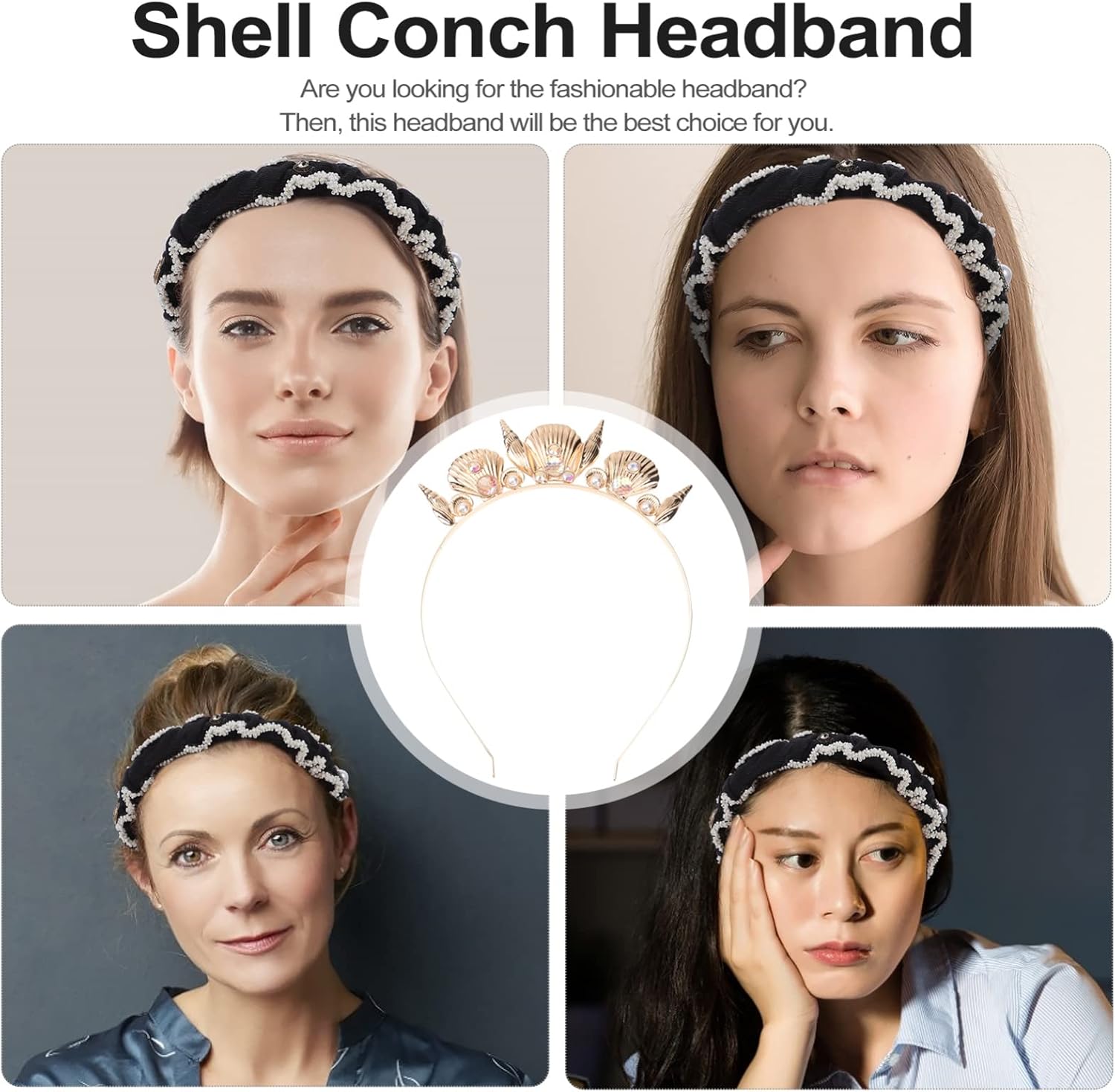Lurrose Shell Conch Crown Headband Gold Seashell Hair Hoop Creative Decorative Headdress for Women Girls Beach Party Wedding Accessories - Image 6