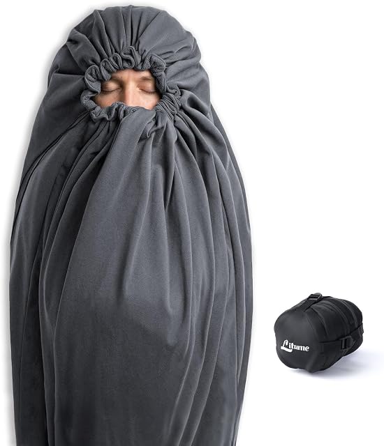 Litume Velvet Sleeping Bag Liner No Zipper Mummy Sleep Sack Backpacking, Camping, Voyage, Hôtel, Hostal, Voyager, Léger Compact Drawstring Hood Skin Friendly