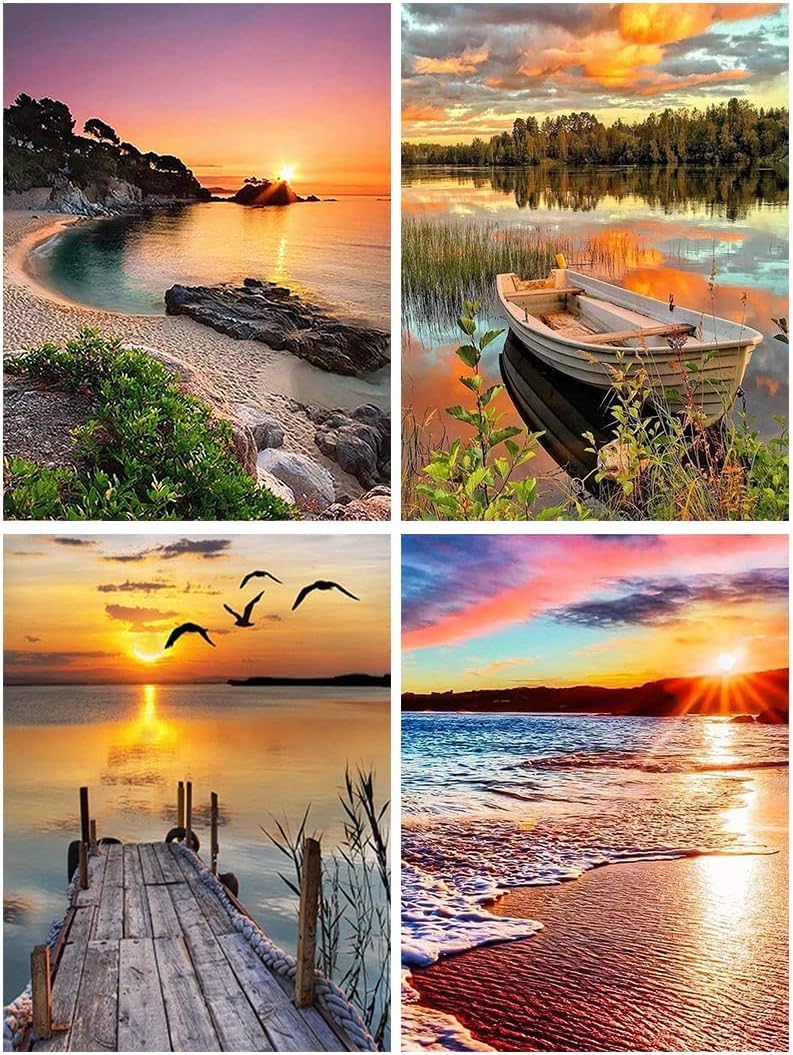 Mupmod 4 Pack Cross Stitch Kits-Stamped Cross Stitch Kits for Adults Landscape Counted DIY Embroidery Needlepoint Kits Home Decor 12x16inch