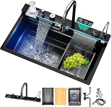 Sinks Undermount or Countertop Single Bowl Stainless Steel Kitchen Sink with Drain basket, cutting board, vegetable sink, multi-function pull-out faucet set Black, 26.7x18x9 Inch