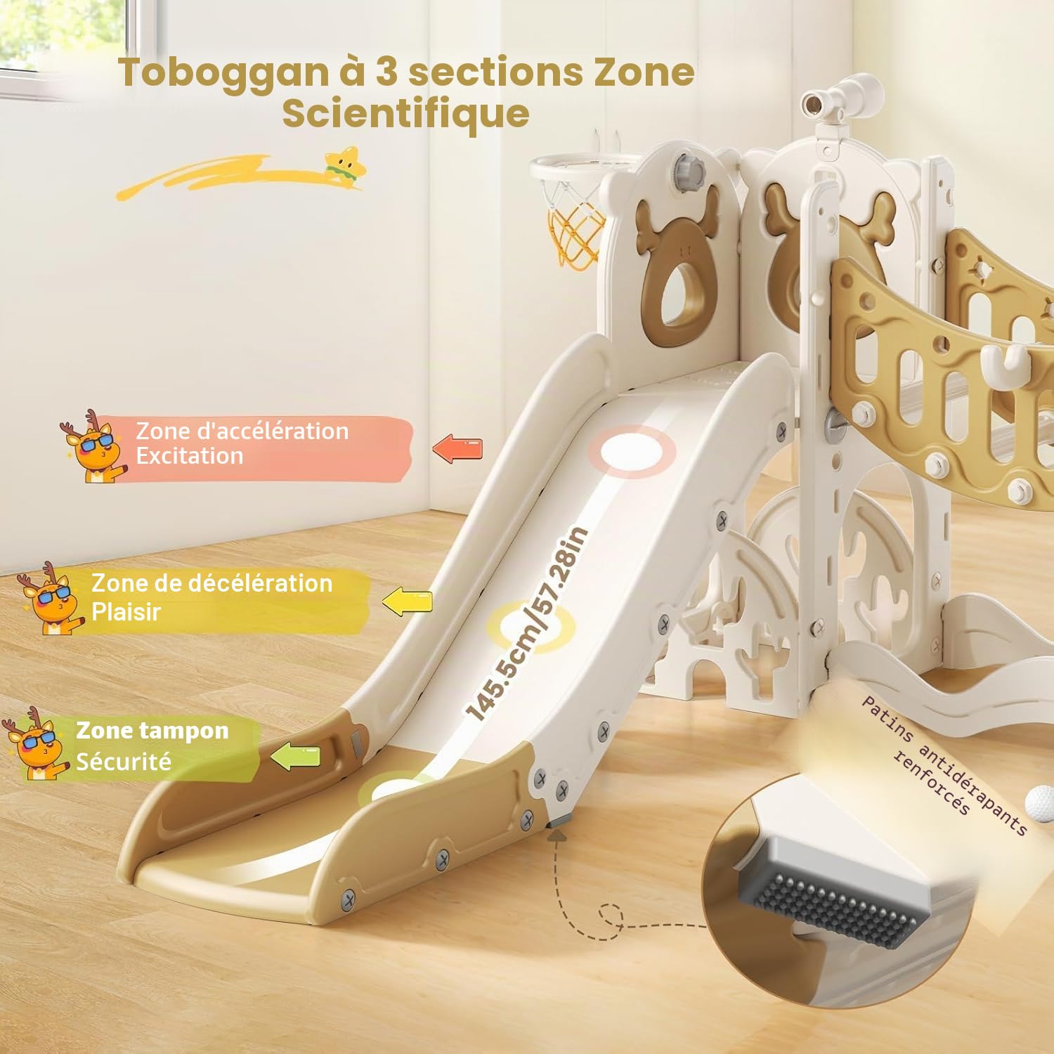 Toboggan pour enfant, grand toboggan avec panier de basket, cadre d'escalade pour le jardin, télescopique, espace de rangement, pour 1 à 3 ans, extra long 1700 mm ((modèle Elk Slide-Active 7 en 1