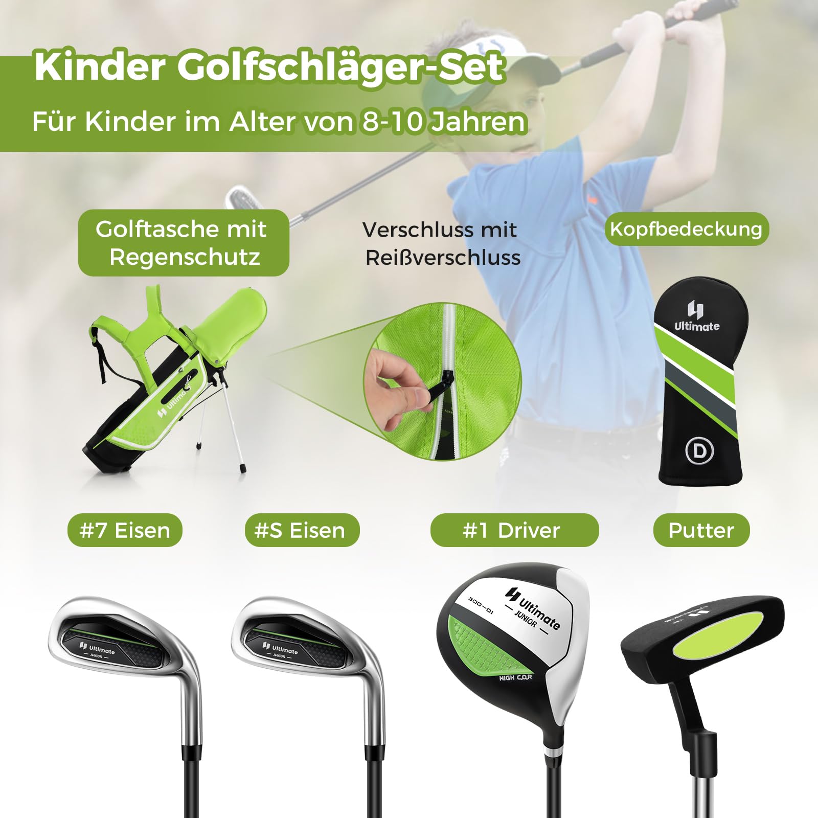 COSTWAY Kinder Golfschläger Set, Rechtshand Golfschlägersätze mit Golftasche & Regenhaube, Komplettes Golf Set inkl.7/9/S Eisen, 1 Driver, 4 Hybrid & Putter