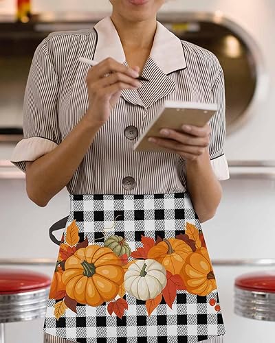 Miniatura 3 de Delantales de servicio de Acción de Gracias con 3 bolsillos, delantal rústico de otoño con hoja de arce de calabaza, negro y blanco, a cuadros,
