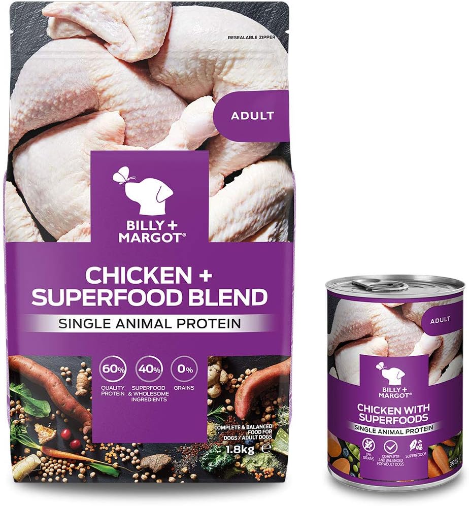Billy + Margot Chicken Dog Food Bulk Bundle, Natural Chicken Grain Free Dry Dog Food 1.8kg + 12 x 395g Grain Free Wet Dog Food Tins. Sensitive Dog Food, Hypoallergenic Dog Food Dry