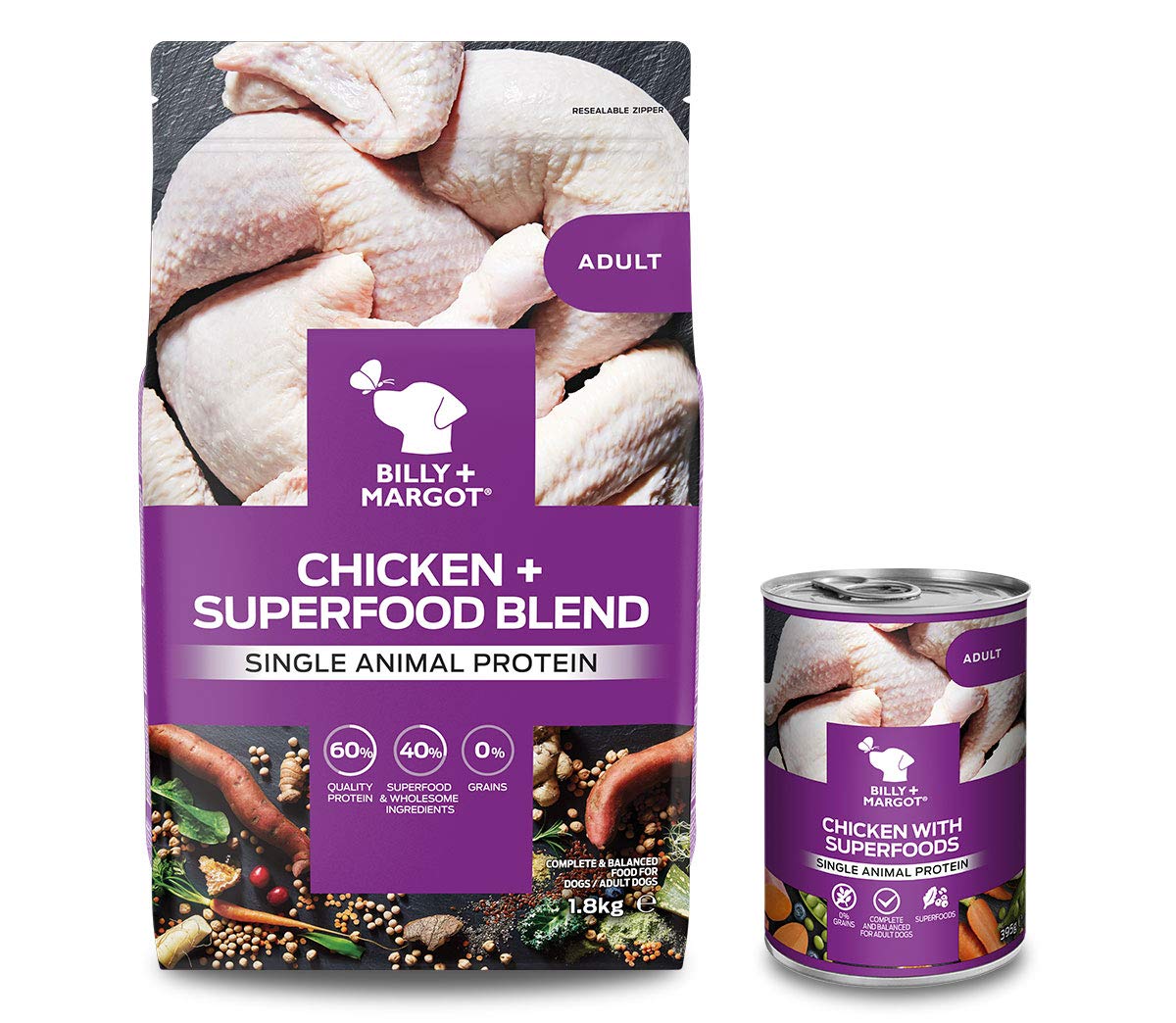 Billy + Margot Chicken Dog Food Bulk Bundle, Natural Chicken Grain Free Dry Dog Food 1.8kg + 12 x 395g Grain Free Wet Dog Food Tins. Sensitive Dog Food, Hypoallergenic Dog Food Dry