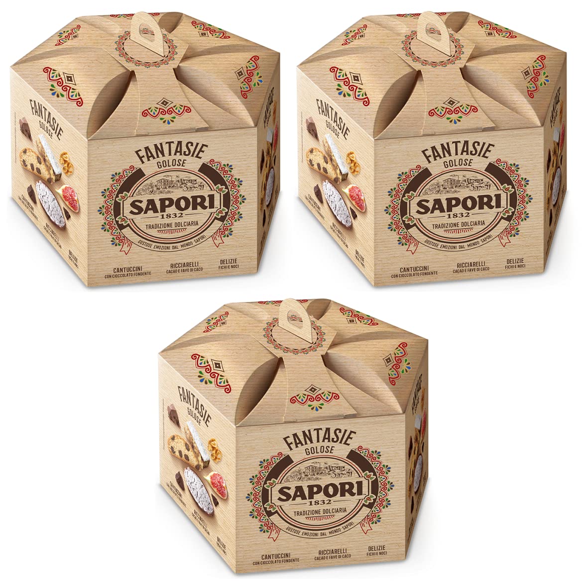 3 x Sapori Fantasie Golose Rica selección de productos de panadería, especialidades de Navidad italianas, paquete de 367 g