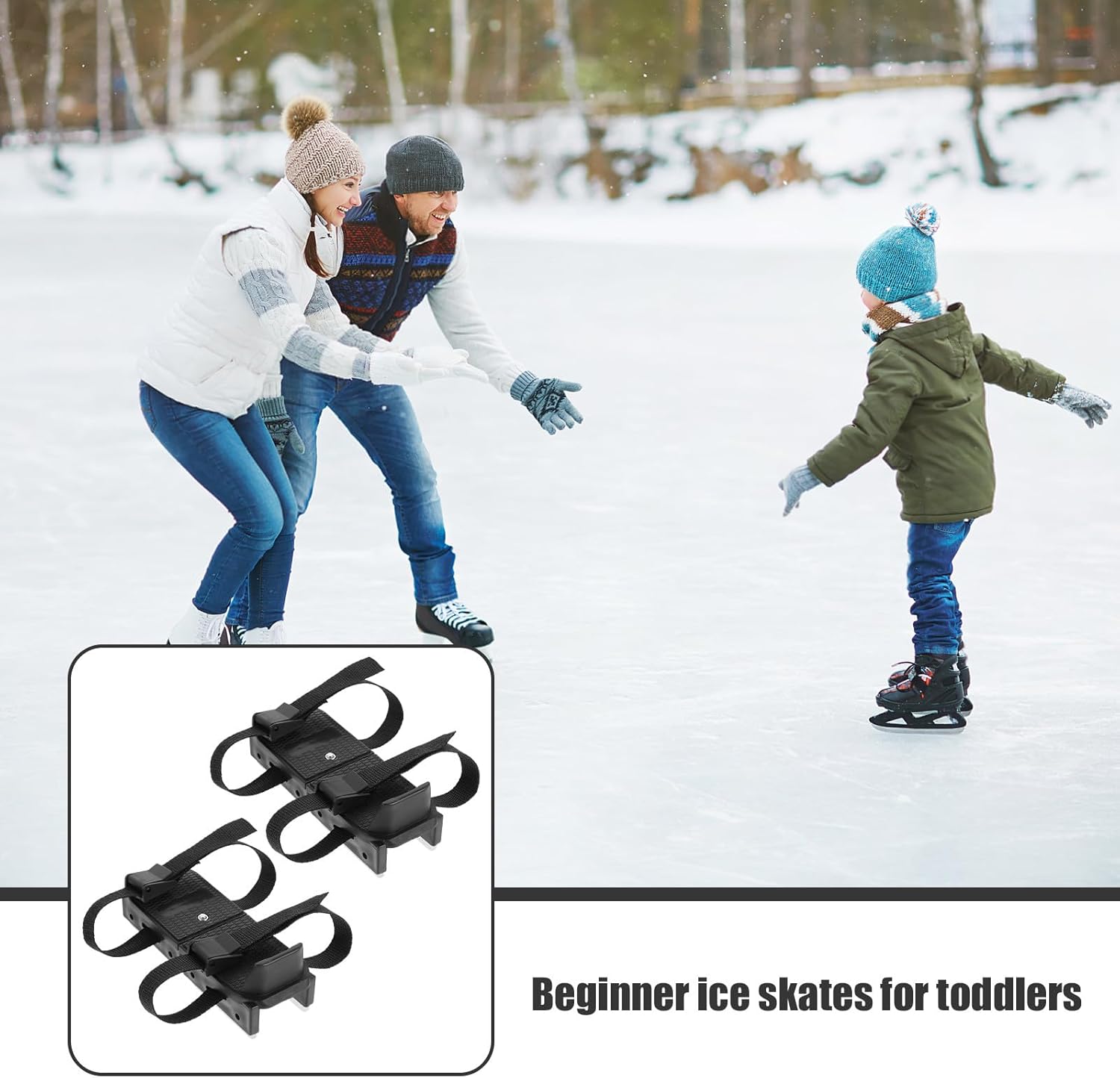 Beginners Ice Skates with Fixing Straps, Stable Outdoor Ice Skating Shoes, Black Anti-Fall Protective Winter Skates for