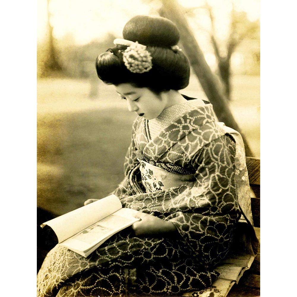 Wee Blue Coo Photo Geisha Maiko Japan Kyoto Reading Kimono Art Print Poster Wall Decor 12X16 Inch