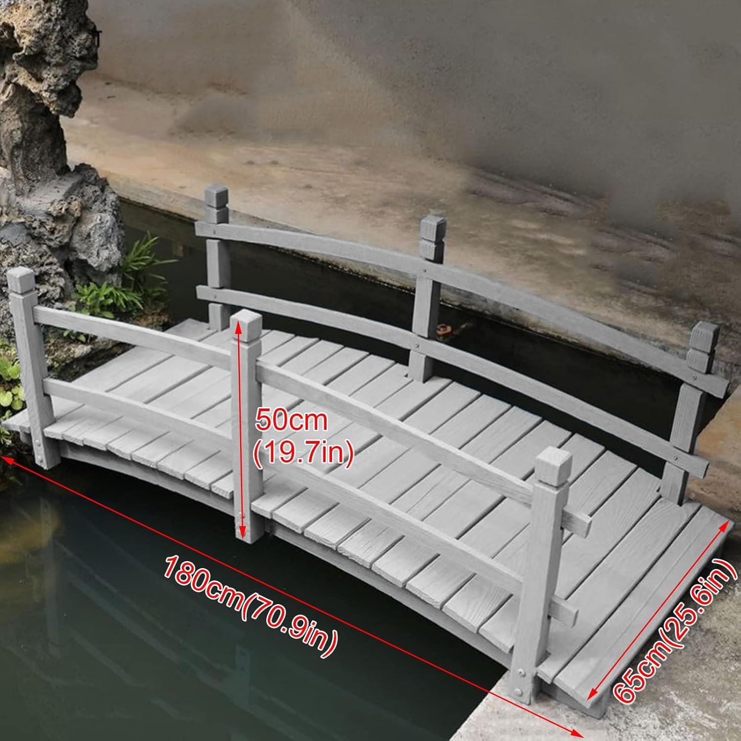 Wooden Garden Bridge Backyard Arc Footbridge with Safety Railings, Outdoor Landscaping Lawn Pond Bridge Walkway for Rustic Wedding Decor, Stained Finish(Gray,70.9x25.6x19.7inch)