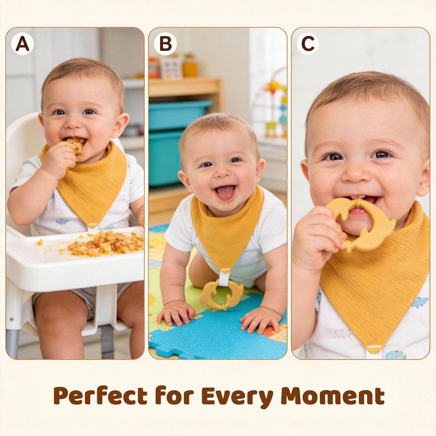 Soft Muslin Baby Bandana Drool Bibs for Boys & Girls, Absorbent Infant Teething Bib with 2 Teethers & Snaps