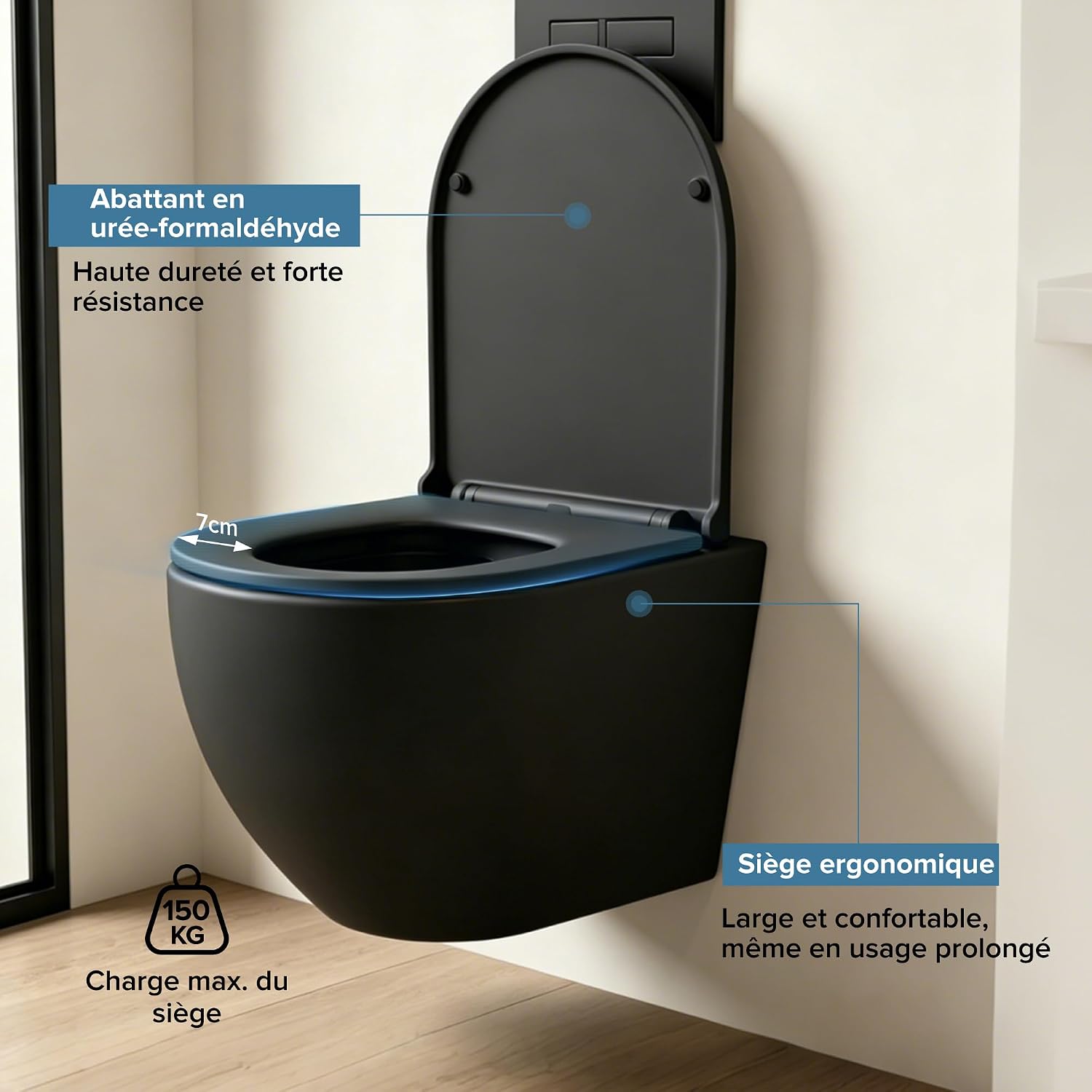 Vue produit du WC suspendu avec abattant et kit de fixation prêt à poser