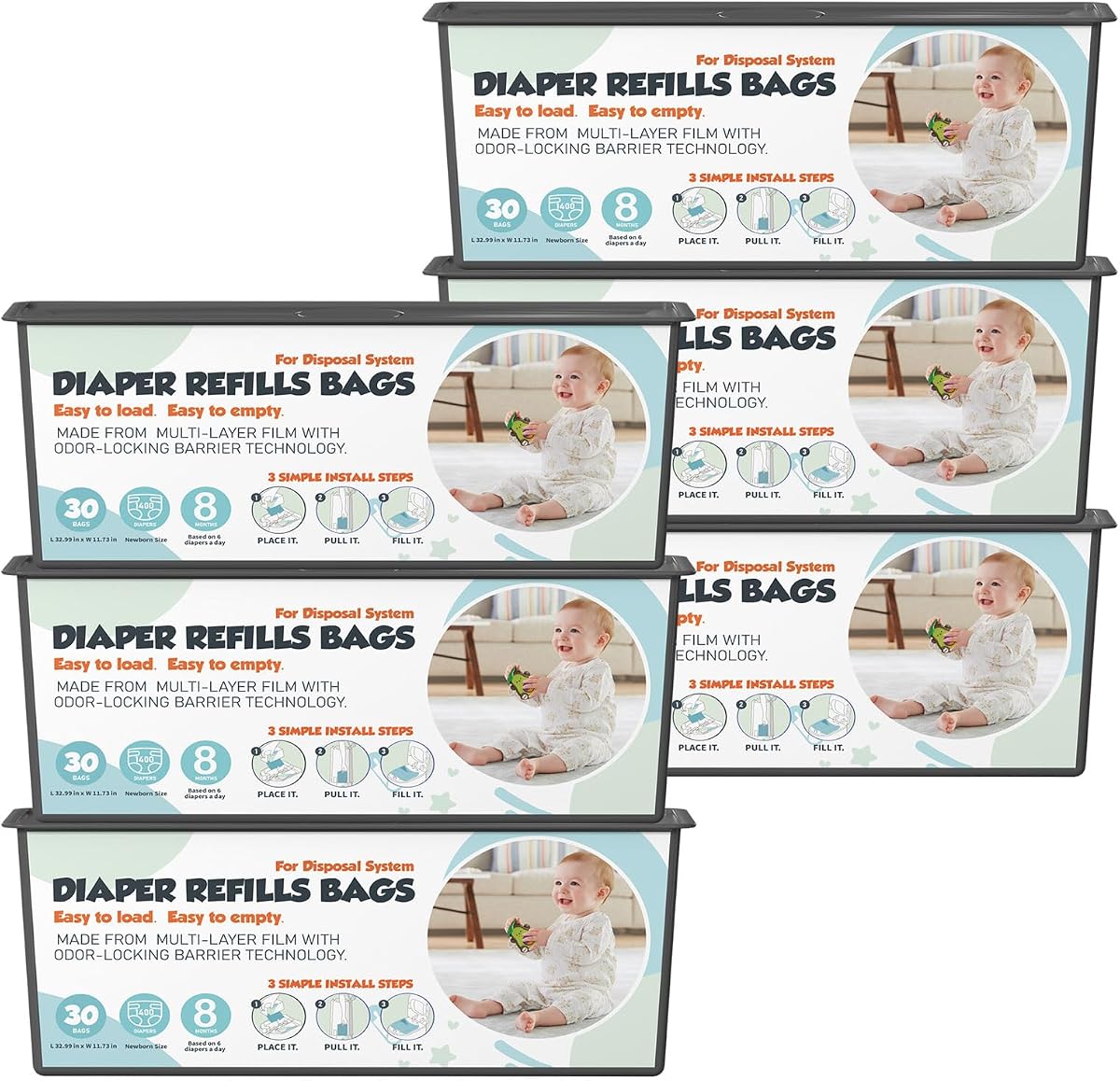 Diaper Pail Refills Bags with 30 Bags Compatible with Genie Easy Roll Signature and Platinum Diaper Pails, 7-Layer Odor-Barrier Technology, 6 Pack (180 Bag)