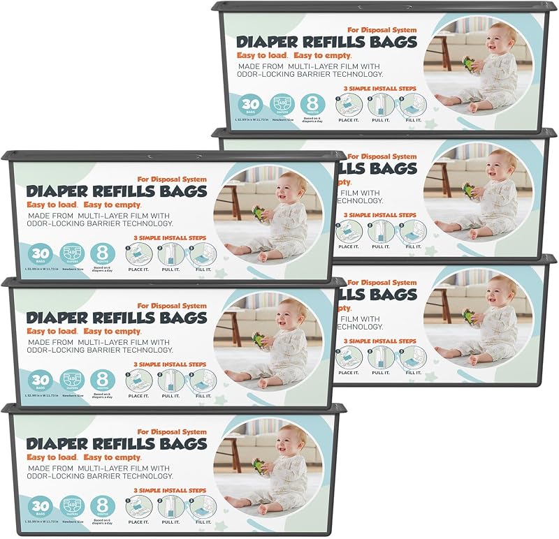 Diaper Pail Refills Bags with 30 Bags Compatible with Genie Easy Roll Signature and Platinum Diaper Pails, 7-Layer Odor-Barrier Technology, 6 Pack (180 Bag)