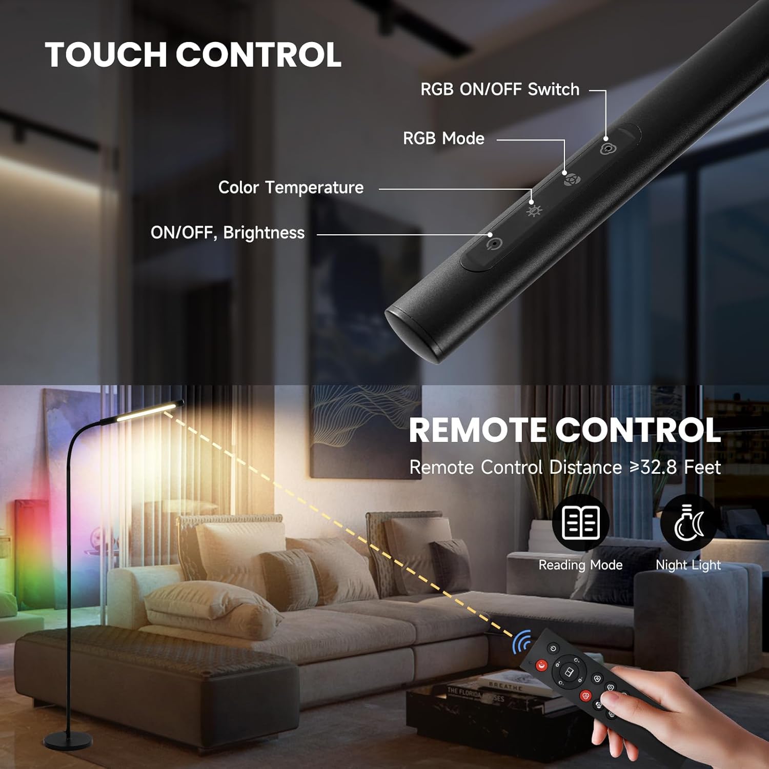 LED Floor Lamp for Living Room, Dimmable Standing Lamp with Remote Control, Stepless Dimming, Adjustable Color Temperature 3000K-5700K, with Adjustable Gooseneck, for Sturdy, Work, Reading