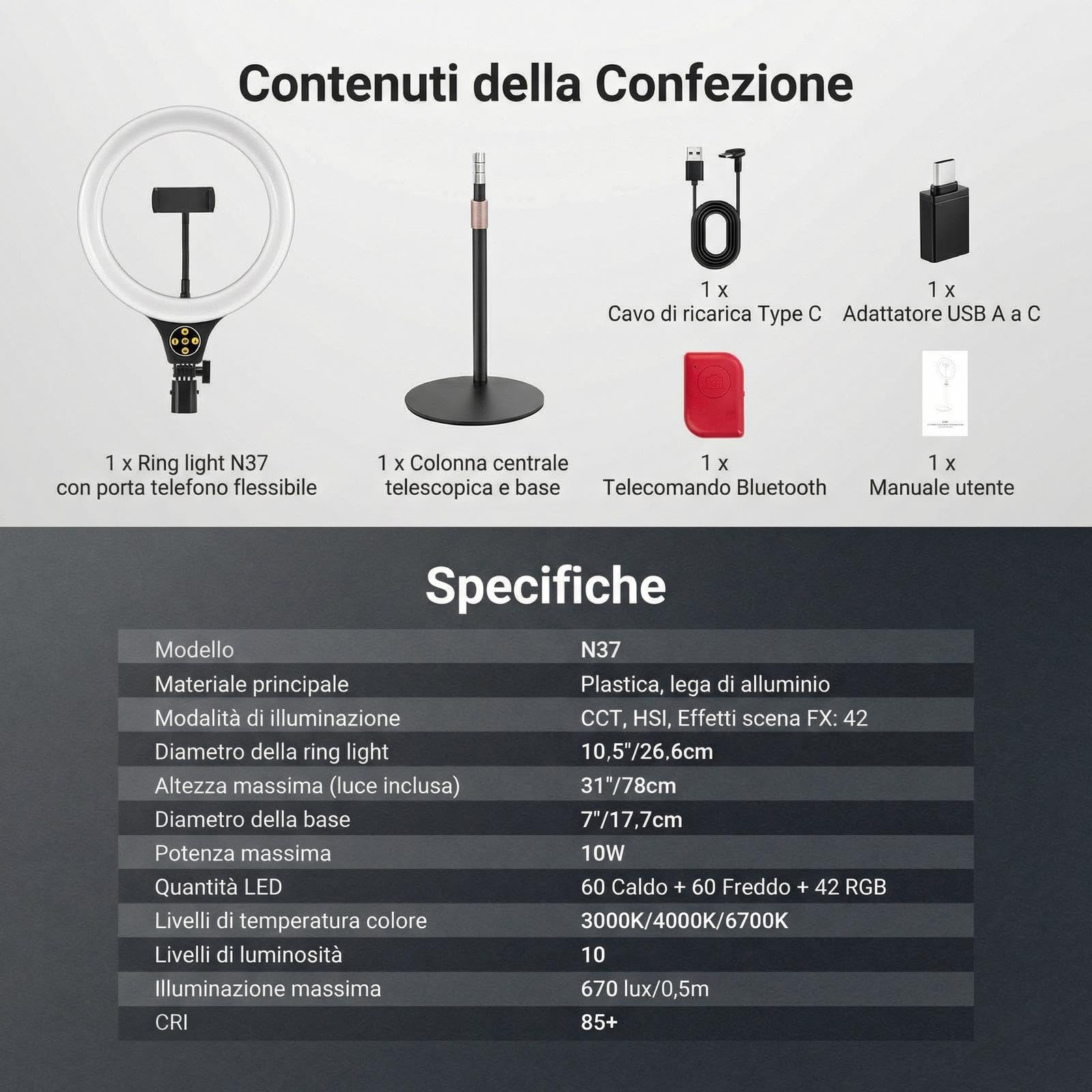NEEWER ENTRY LEVEL VERSION N37 10,5” Ring Light RGB con Supporto Tavolo/Porta Telefono Compatibile con iPhone/Telecomando, Luce LED CRI85+ 10W per TikTok YouTube Streaming Video Chiamata Zoom Laptop