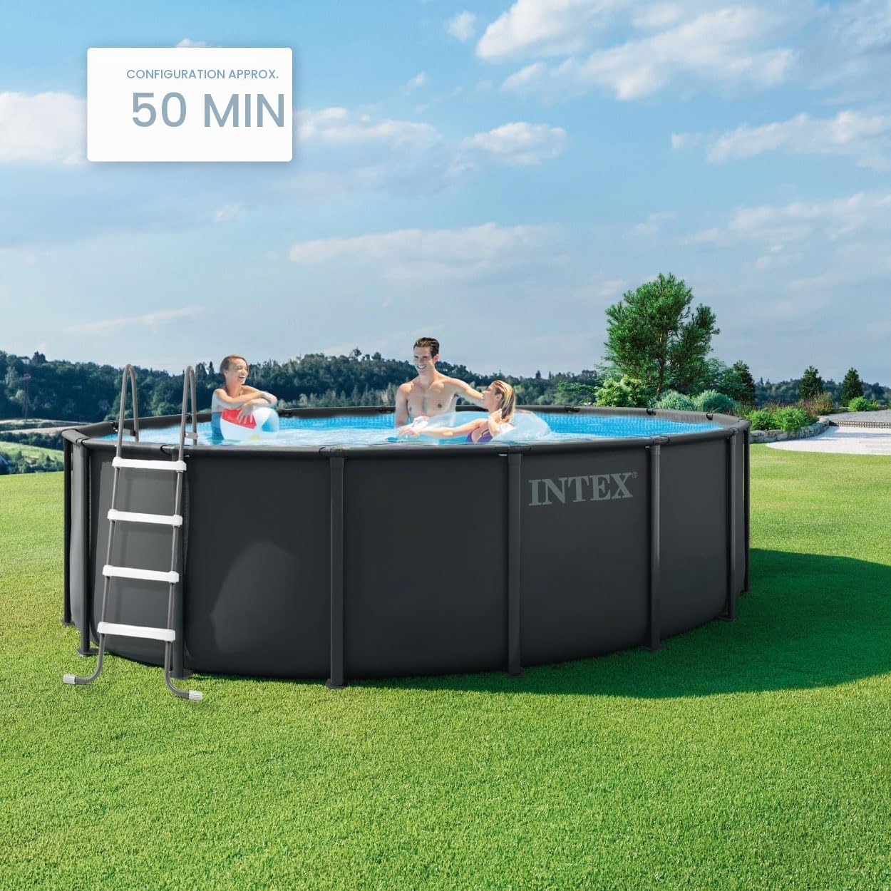 INTEX Ultra XTR Piscine Ronde Hors-Sol avec échelle de sécurité (488 x 132 cm) avec Cadre en métal Volume env. 20,821 l Gris (28940GH)