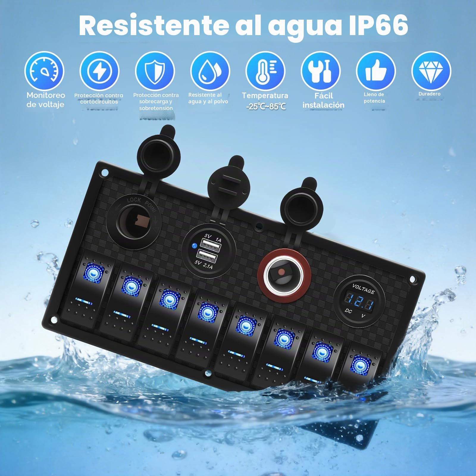 Geloo Panel de Interruptores Basculantes de 8 Pandillas, 4 en 1 Multifunción Impermeable Panel de Interruptores de Palanca para Coche, Barco, Camión, Caravana, Vehículos (Blue)