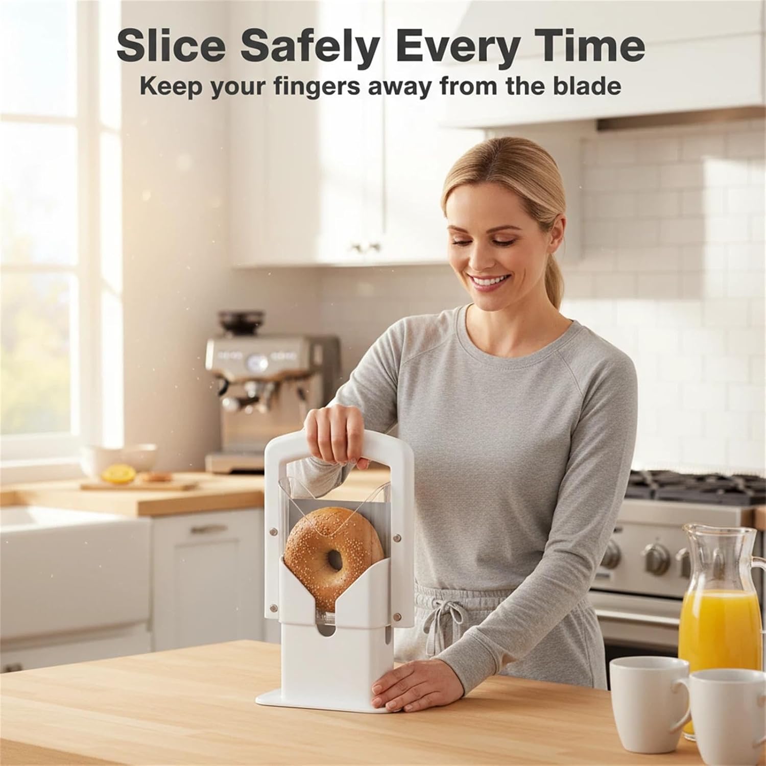 Bagel Slicer, Perfect for Bagels Guillotine Universal Slicer, Bagel Cutter Stainless Steel Kitchen Tool, Safe Grip, Safety Shield (White)