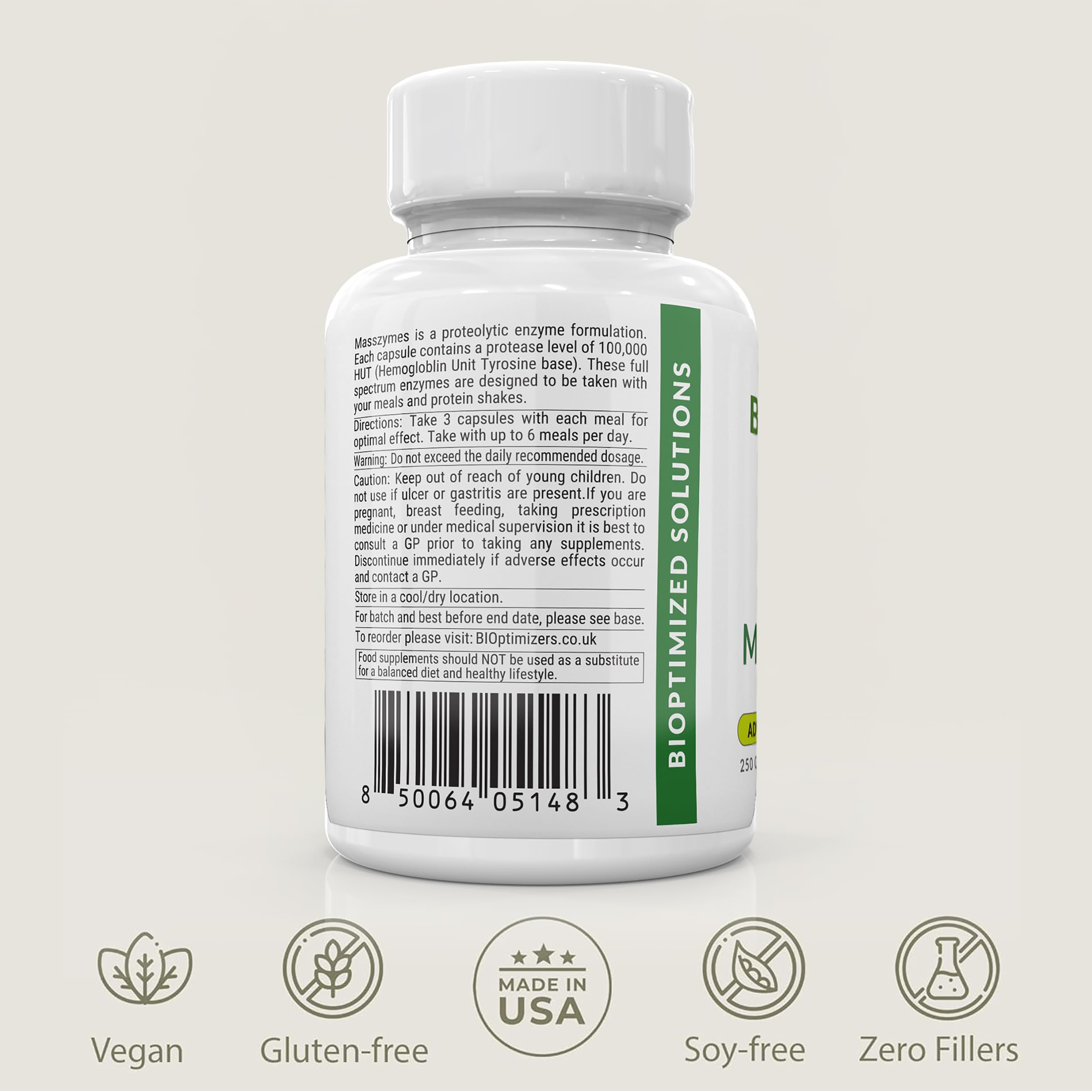 BiOptimizers Masszymes | Verdauungsenzym-Ergänzung Für Eine Bessere Absorption | Linderung Von Blähungen, Verstopfung Und Gasen | Enthält Lipase, Amylase Und Bromelain | 250 Kapseln