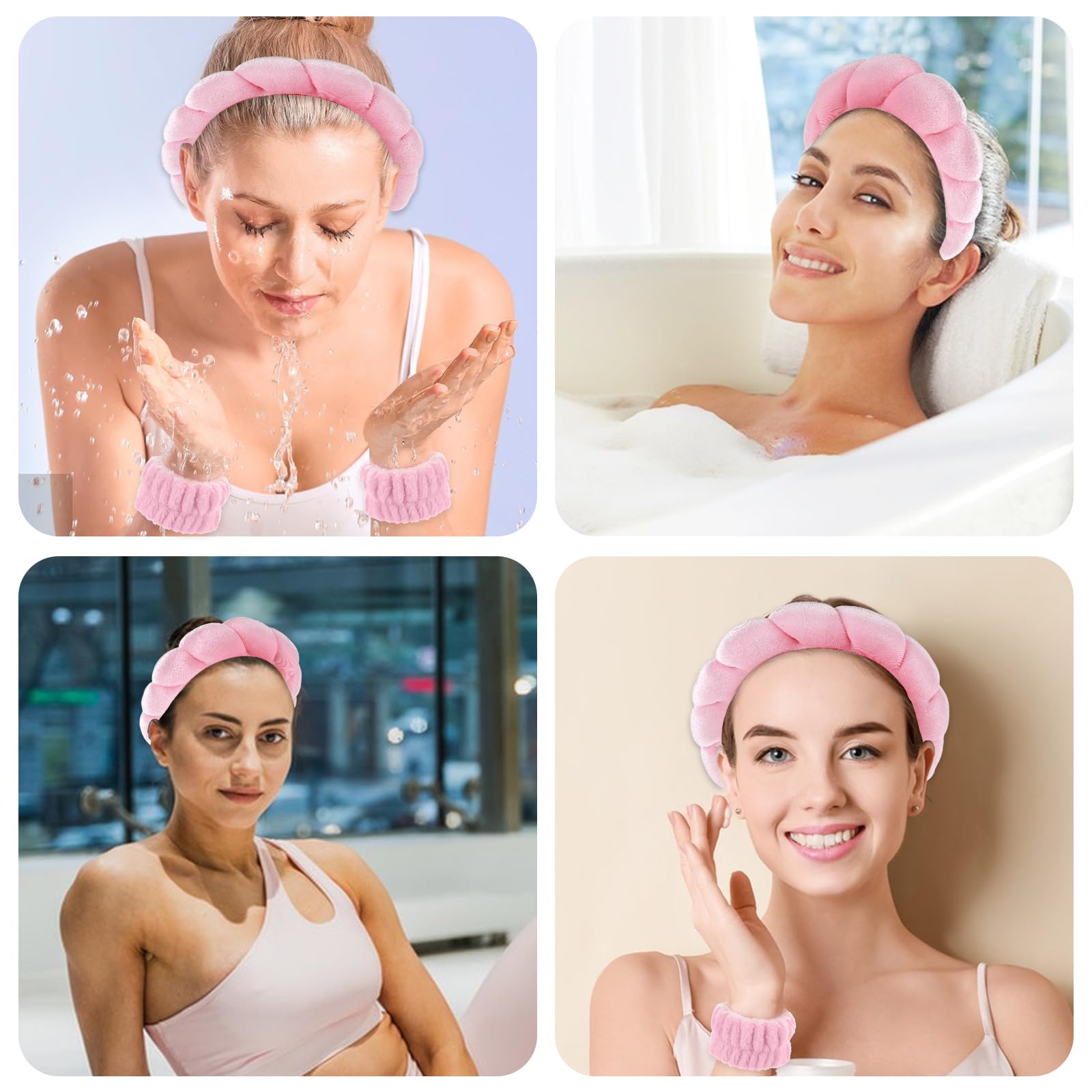 WLLHYF Set 3 Pezzi Fascia Per Capelli Con Orecchie D'Orso E Bracciali Asciugamani - Morbido E Elastico Per Trucco E Cura Della Pelle, Rosa E Nero