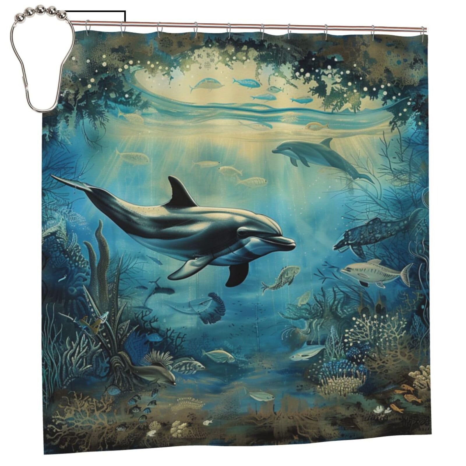 BWWHCCTI Sea Dolphin Printed Shower Curtain With 12 Iron Hooks Opaque Quick Drying Waterproof Shower Curtains Sets For Bathroom 183x183 CM