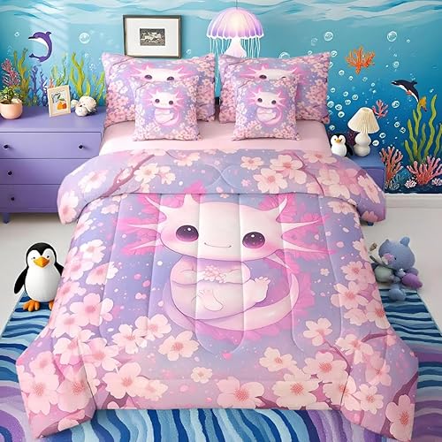 Axolotl Bed in a Bag Cartoon Salamander 7 Piece Bedding Set for Kids Boys Room D