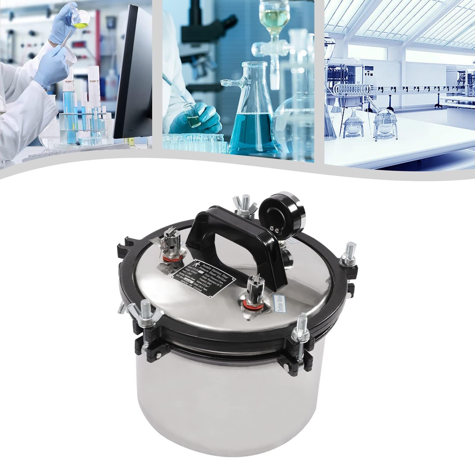 Esterilizador autoclave, equipo de laboratorio de acero inoxidable de 8 L, esterilizador de vapor portátil para cristalería, medio de cultivo, autoclave de laboratorio de dos válvulas, soluciones de