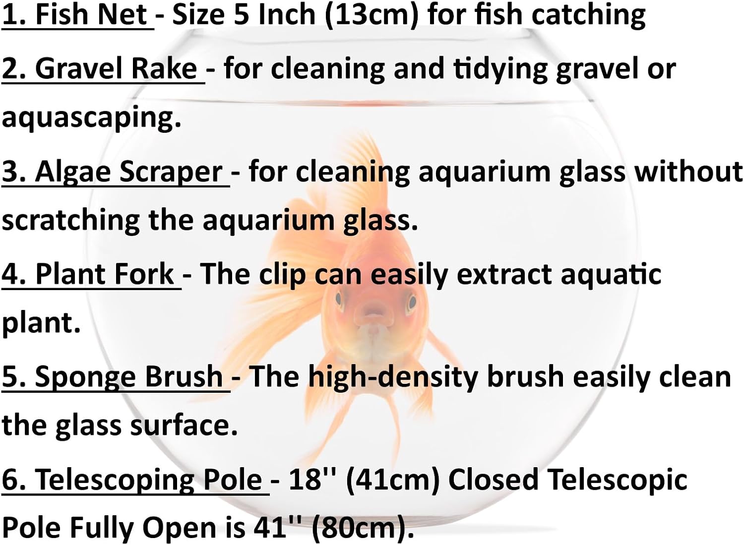 AquariumH2o Aquarium Care Cleaning Kit 5 in 1 Glass Cleaner, Gravel Rake, Sponge, Plant Tong, Fish Net, Fish Tank Maintenance Set, Functional Five Cleaning Tools for Aquarium, Telescopic Pole 5-in-1