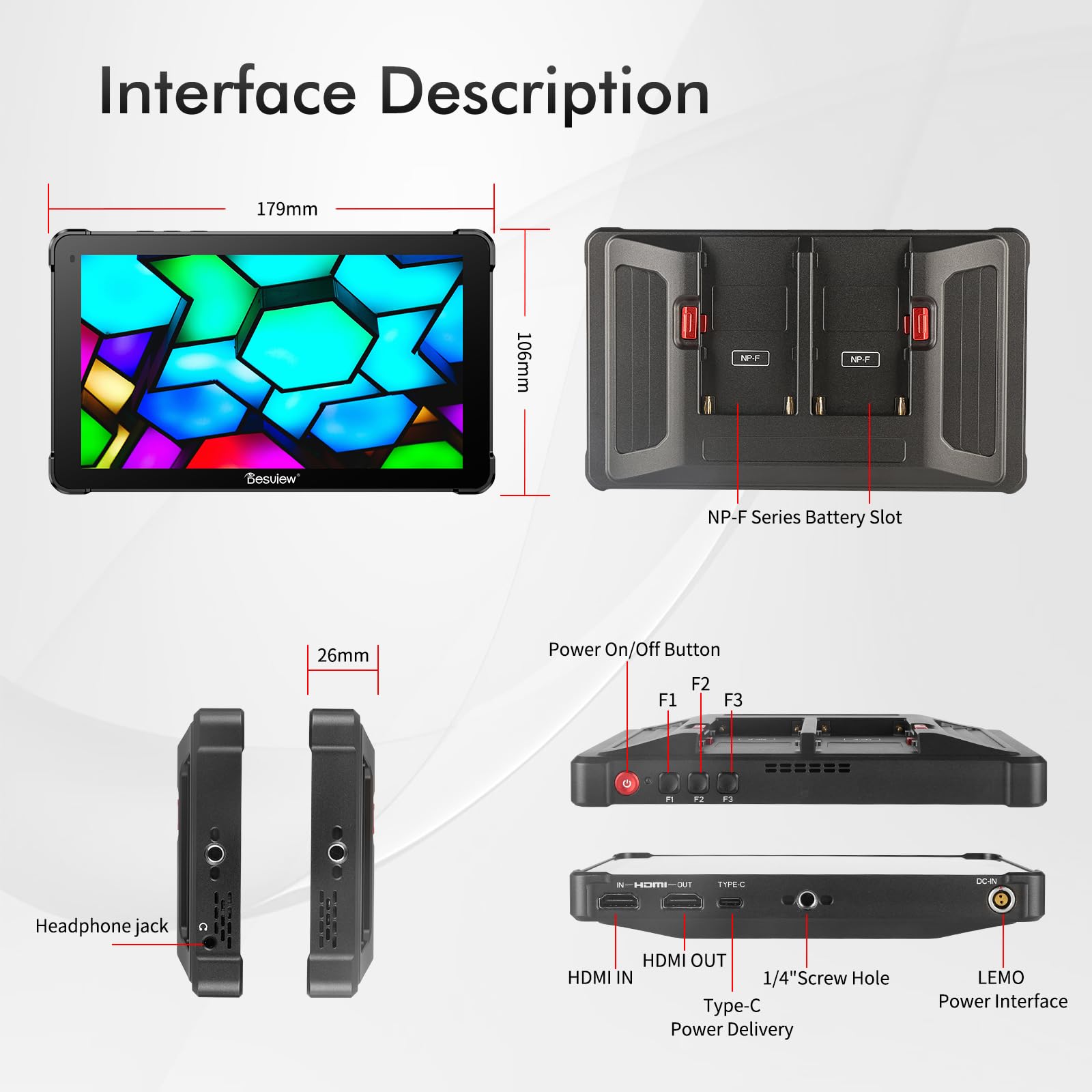 Desview OL7 Fotocamera Field Monitor 7 ", 1200 nits OLED Touch Screen Fledmonitor 4K HDMI con 3D LUT HDR Forma d'onda Istogramma Peaking Focus Full Funzione per videocamera DSLR
