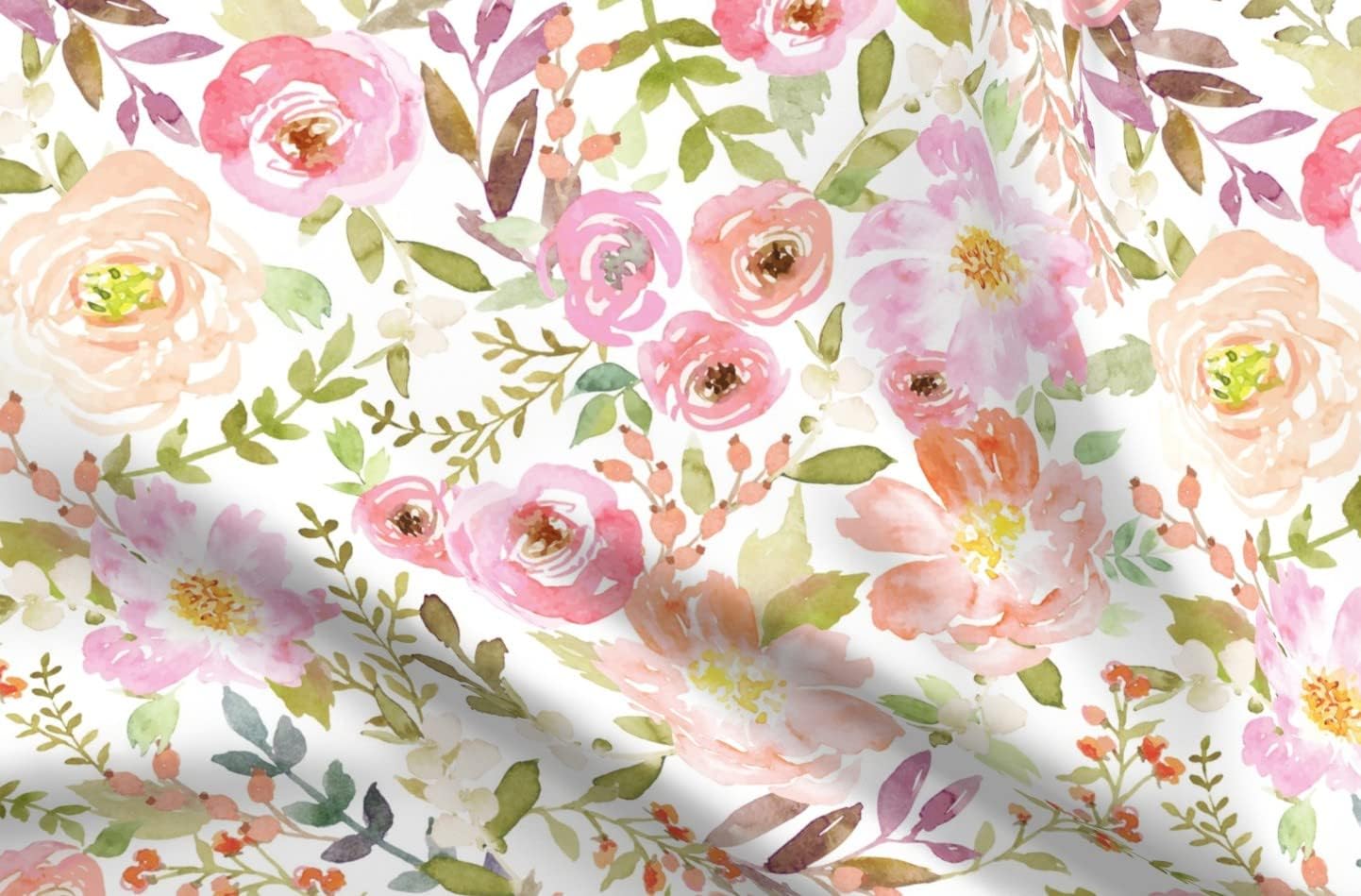 Spoonflower Fabric - Watercolor Pastel Floral Flora Flowers Nursery Roses Modern Printed on Cotton Poplin Fabric by The Yard - Sewing Shirting Quilting Dresses Apparel Crafts