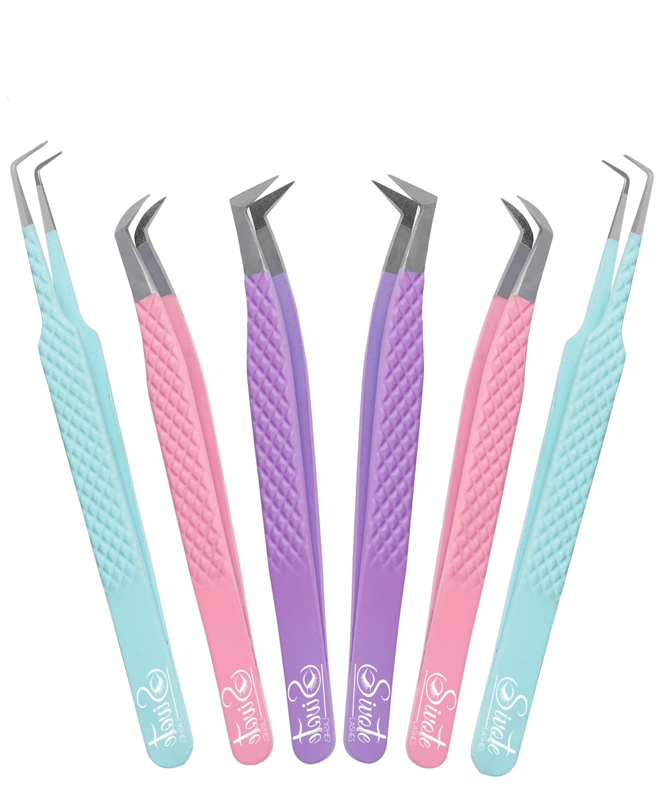 SIVOTE Lash Tweezers for Eyelash Extensions, Set of 6 - Volume, Volume Boot, Slim 90 Degree Tweezers with Fiber Tips in Pastel Colors, Ideal for Mega,