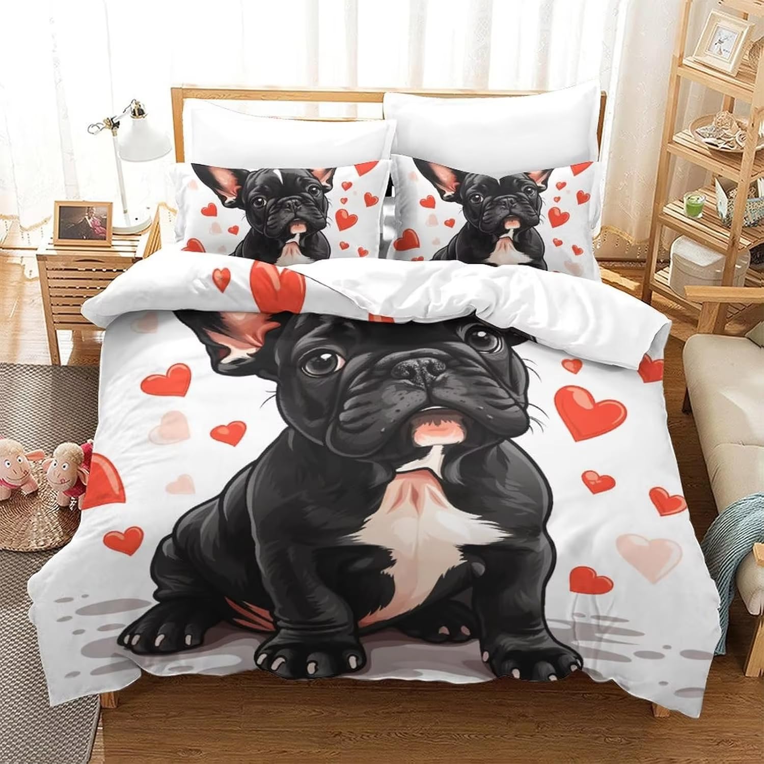 Housse de couette bouledogue français 200x200 en microfibre douce anti-glissement et infroissable