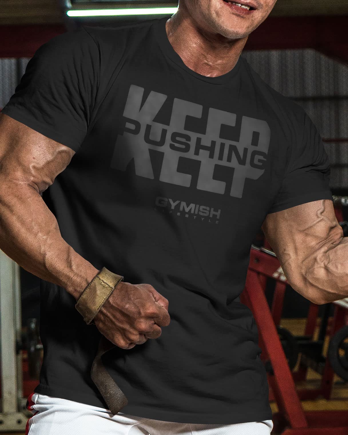 Keep Pushing Inspirational Gym Shirt to Push Your Self Workout Tshirt (LG, Keep Pushing Black on Black)