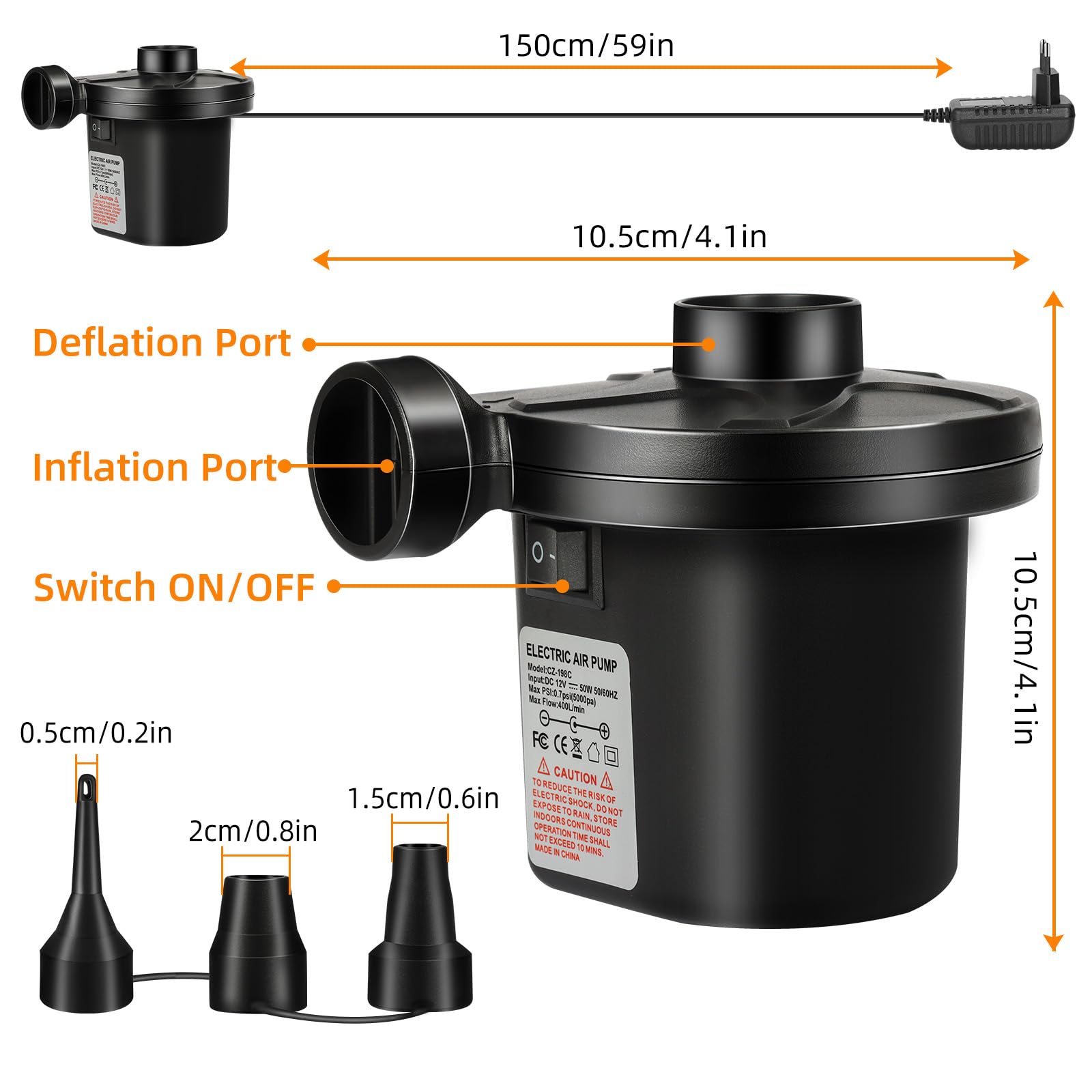 TAVADA Pompe Électrique Gonfleur/Dégonfleur 400 L/min – 12V Voiture & Maison, 3 Buses, Matelas, Piscine, Bateau