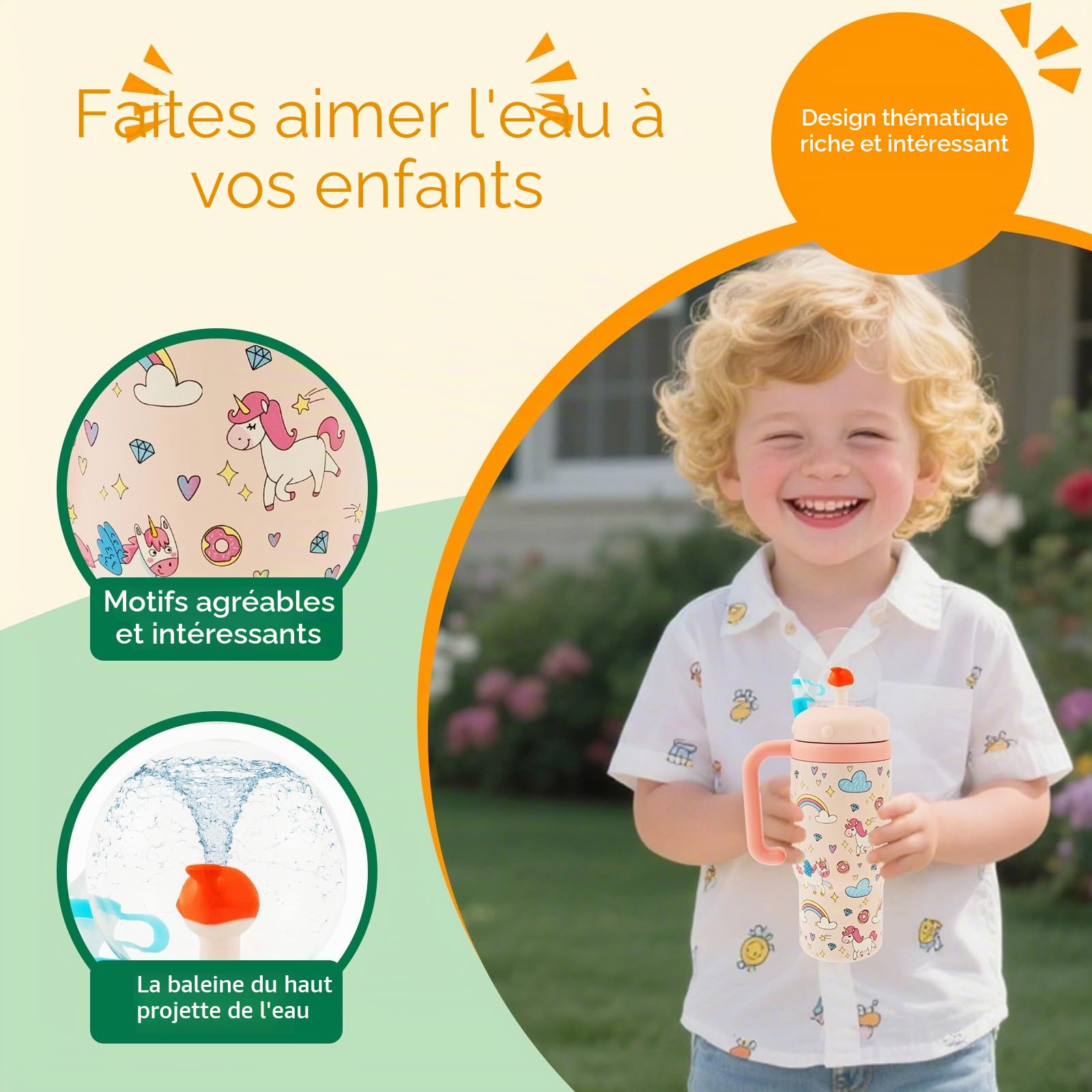 Gobelet de fontaine en acier inoxydable 710 ml anti-fuite avec couvercle anse paille pour enfants adolescents adultes