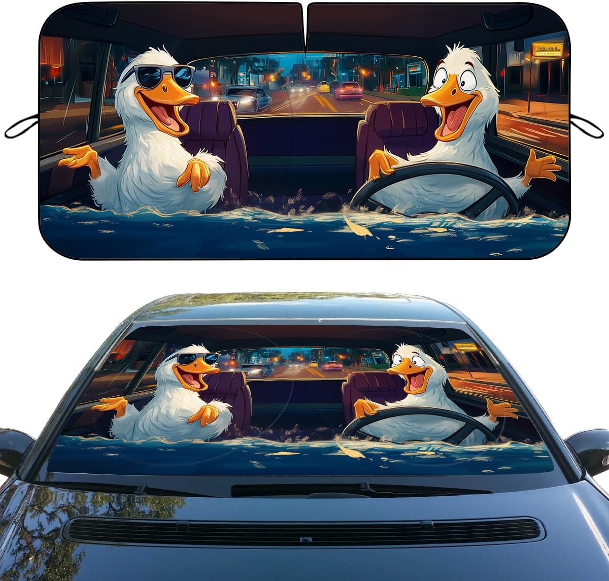 Funny Goose Car Windshield Sunshades Anime Novelty Cartoon White Duck Front Window Car Sun ​Shade Windshield Blocks UV Rays Sun Visor Protector for Car Sedan Truck SUV Accessories 59" L x 31.5" W
