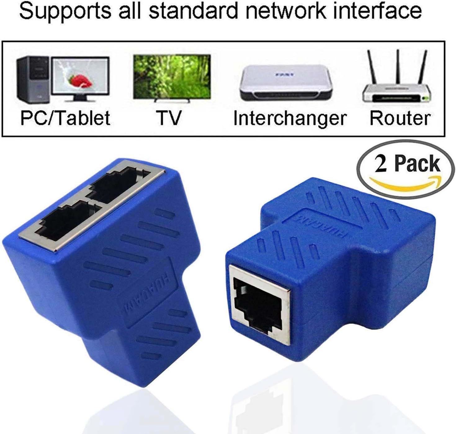 HUACAM HCM75 RJ45 Ethernet Network Injector/Splitter Extender Connector CAT5 / CAT6 / CAT7 LAN Ethernet Injector/Splitter, 2 Ports Working Simultaneously,Navy Blue-2 Packs