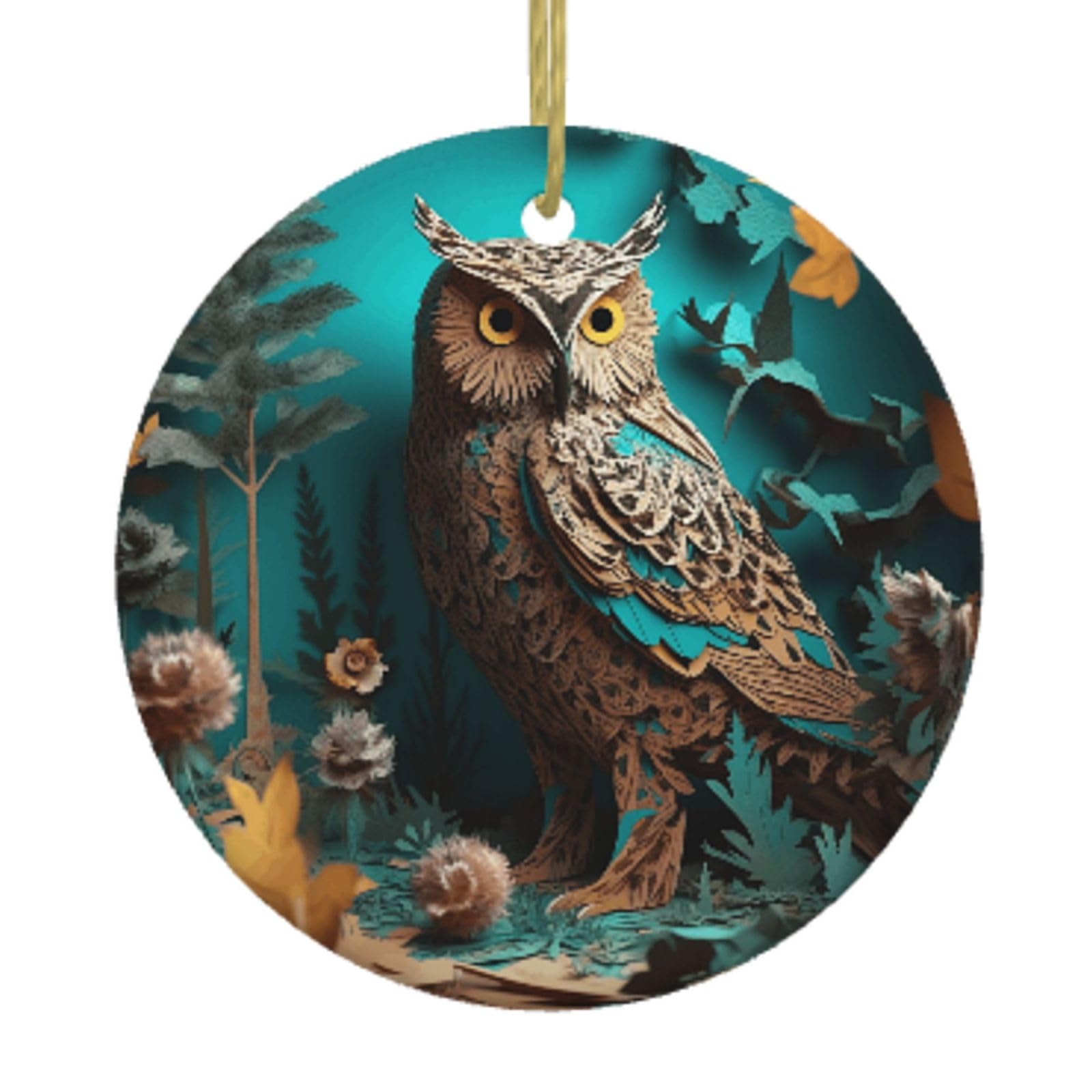 Ceramic Christmas Tree Hanging Ornaments with Gold Ropes Christmas Tree Decorations Round Ceramic Owl Pendant Keepsake Decorations for Holiday Xmas Gift Ideas