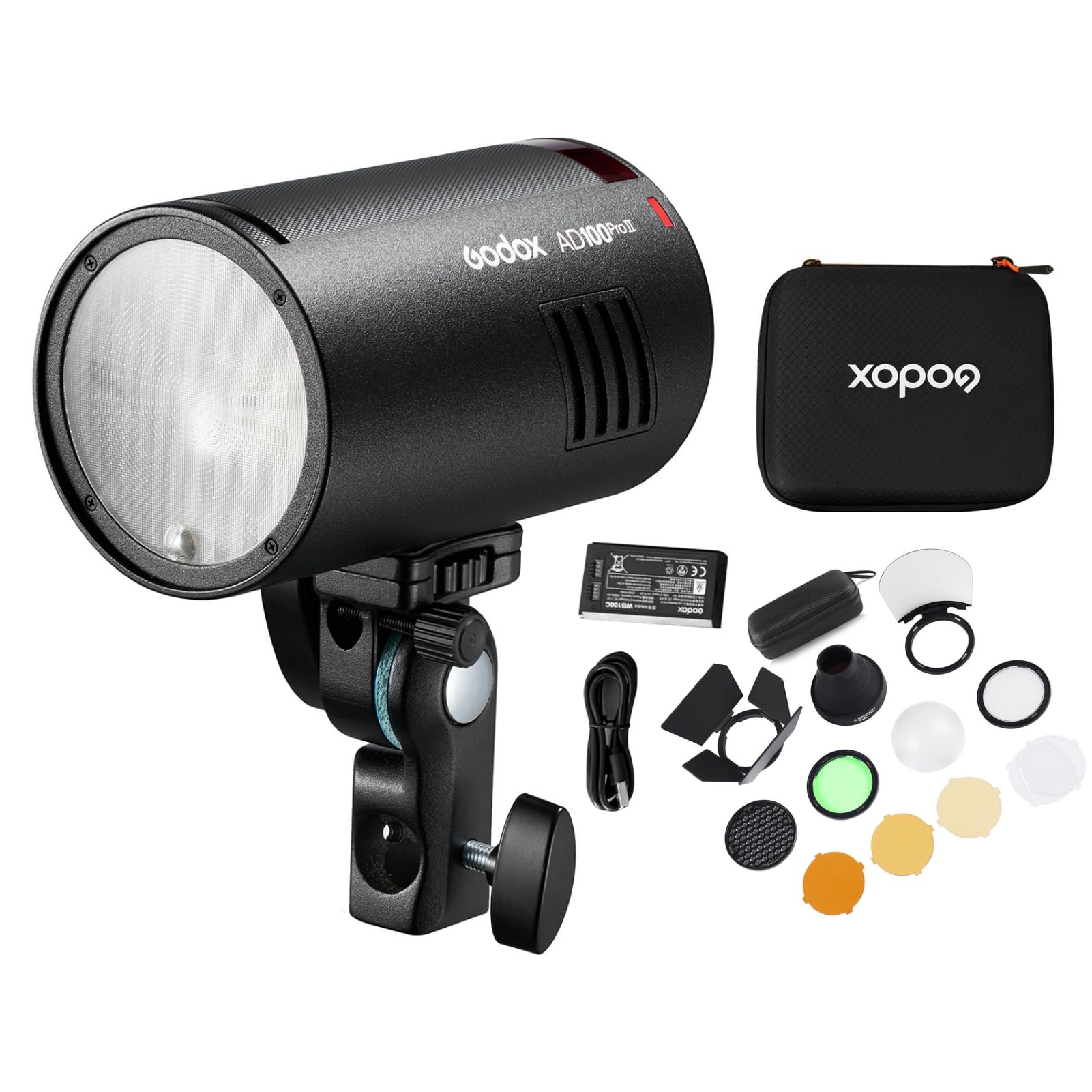 Godox AD100ProII - Flash da studio TTL da 100 W + AK-R1 set, 1/8000 s HSS per fotocamera, 0,01-1,5s, zoom da 28 ~ 85 mm, 490 flash a piena potenza, batteria e caricatore integrati da 2850 mAh