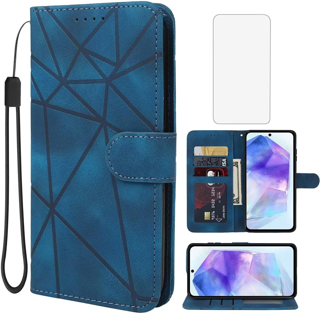 Galaxy A55 5G Case Samsung A55 SM-A556U Wallet Case with Tempered Glass Screen Protector Skin Feel Leather Flip Credit Card Holder Kickstand Phone Case for Galaxy A55 5G