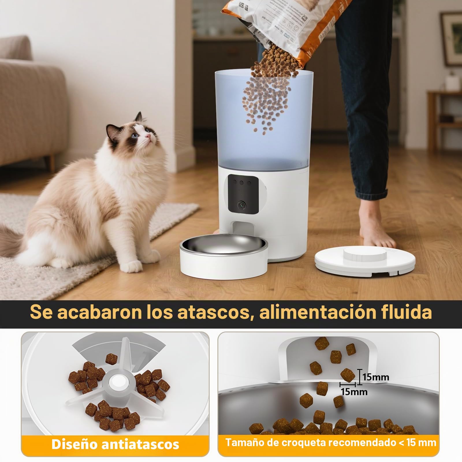 PF1-6L Comedero Gato Automatico WiFi, Cámara 1080P HD, Cuenco de Acero Inoxidable, Programable y con raciones, Antisuciedad y Cierre automático de Salida, Batería de Reserva