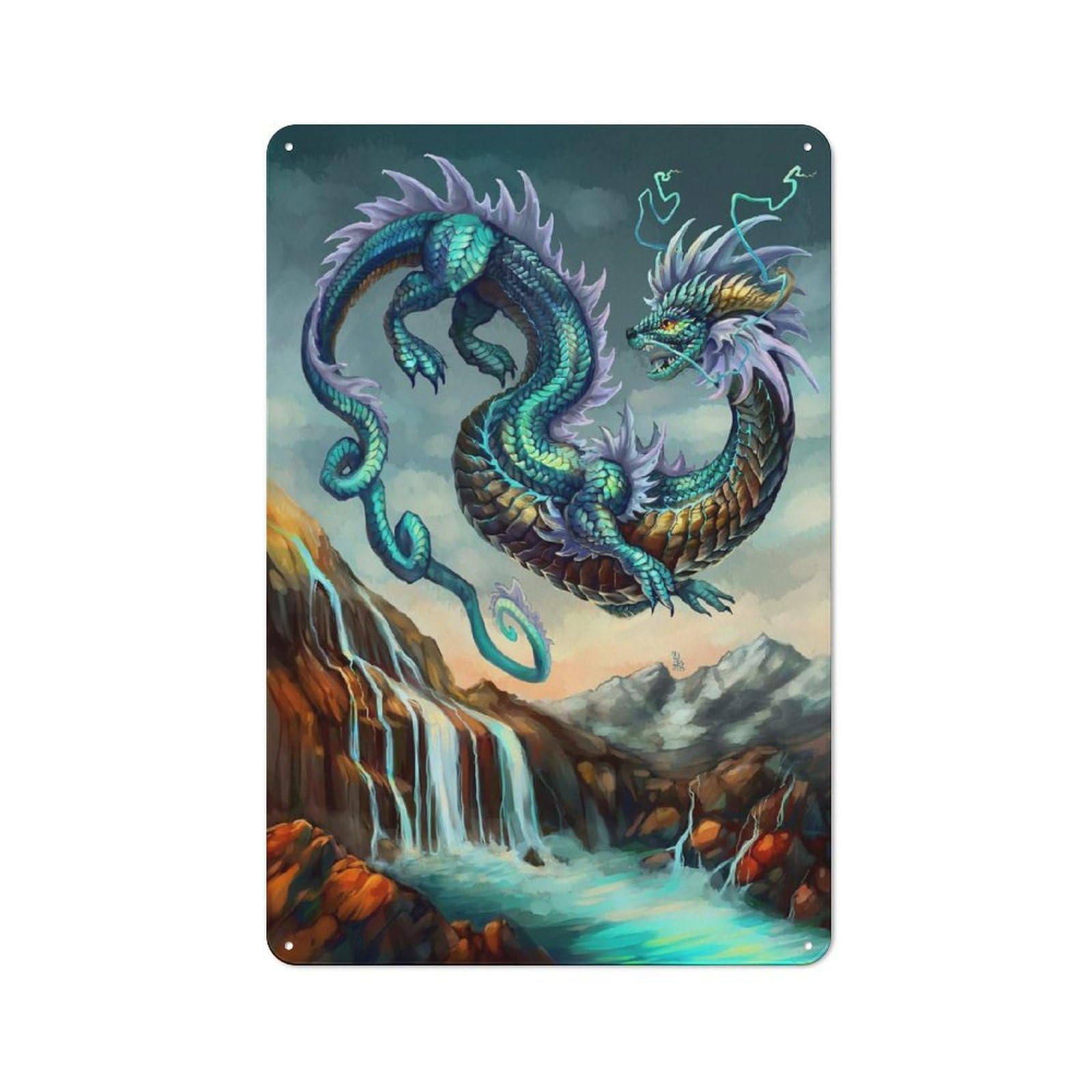 Junmoney Style-14 Water Elemental Dragon Vintage Tin Wall Plaque 30X20cm For Hobby Room Or Studio, A Decorative Metal Sign For Hobby Rooms And Studios
