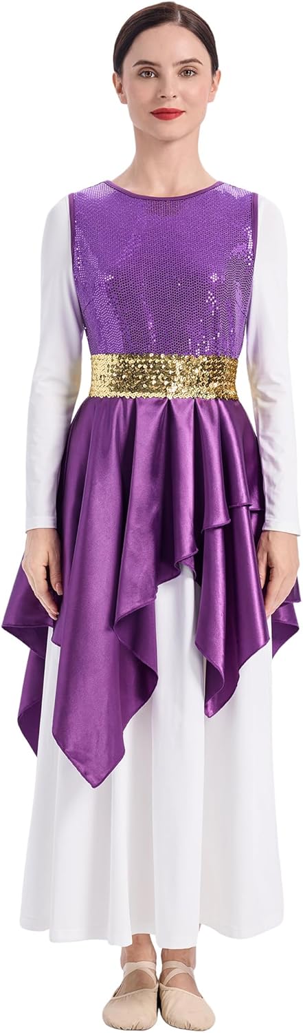 AFAVOM Sequin Praise Dance Overlays Tunics for Women Liturgical Worship Praise Dance Dress Costume with Belt (No White Dress)