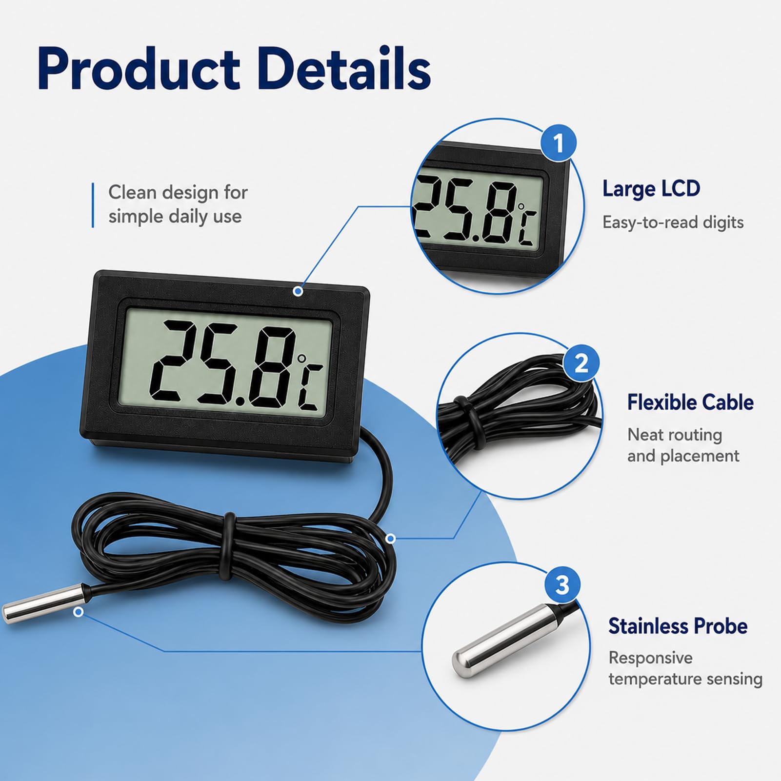 3 Stück Digitales LCD Thermometer, Thermometer mit Externem Sensor 1m Kabel, Temperaturmessgerät -50°C bis 110°C für Kühlschrank Aquarium, Präziser Temperatursensor mit LCD Anzeige für Haushalt